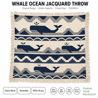 Tapisserie Nautique Baleine Océan Bleu Marine Crème Blanc Rayures Vague Côtier Zigzag Nordique Moderne Cool pour Canapé Lit Salon Angle Repos