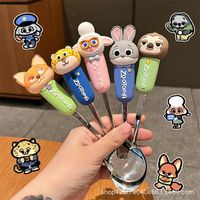 Offre Spéciale – Ensemble de Couverts Portables en Acier Inoxydable 304 : Cuillère, Fourchette et Baguettes Anti-Brûlure et Anti-Chute, Motif Animaux de Dessin Animé de la Ville des Animaux