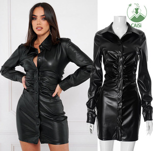 <span class=keywords><strong>Abiti</strong></span> corti Casual da <span class=keywords><strong>donna</strong></span> alla moda in <span class=keywords><strong>pelle</strong></span> sintetica abito sottile con risvolto Sexy e 2024 autunno inverno abbigliamento <span class=keywords><strong>donna</strong></span> - Product Image 1