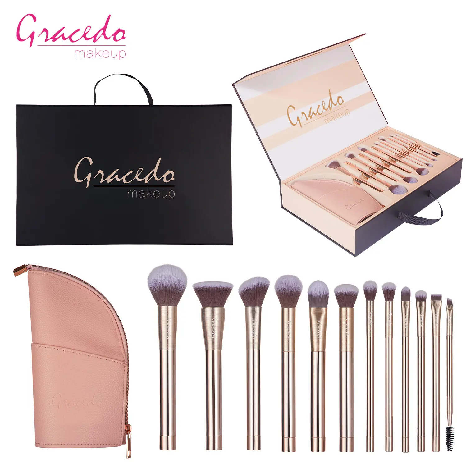 GRACEDO 12 pezzi set di pennelli di lusso in oro set di pennelli per il trucco professionale di alta qualità set di pennelli con cerniera e confezione regalo