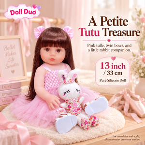 Poupée Duo personnalisée de 13 pouces, entièrement en silicone, bébé reborn aux cheveux bruns et à la jupe rose en tulle, cadeau de Noël personnalisé pour enfants - Product Image 1