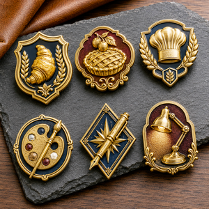 Badges métalliques personnalisés pour studio créatif, plaqués or, avec relief 3D, motifs palette d'art, stylo-plume, lampe de bureau, épingles, et éléments en métal plaqué or antique - Product Image 4