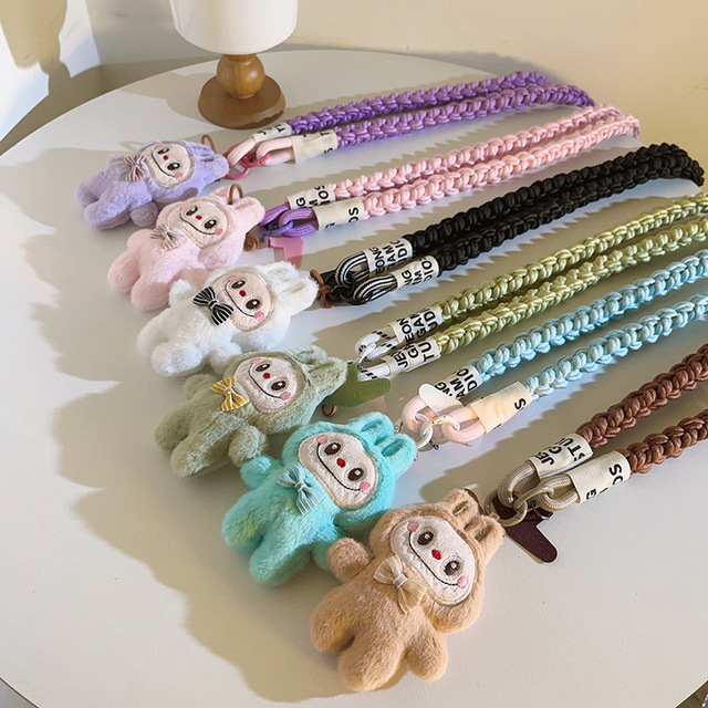 Cute White Labubu Doll Outdoor Travel Mobile Phone Straps Universal Female Accessories with Hanging Chain Lanyard Bag