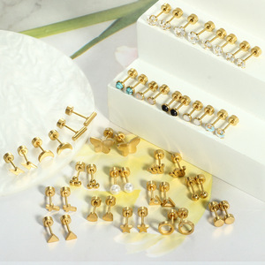 Lot <span class=keywords><strong>de</strong></span> 18 paires <span class=keywords><strong>de</strong></span> boucles d'oreilles plates pour <span class=keywords><strong>piercing</strong></span> <span class=keywords><strong>de</strong></span> cartilage, en acier hypoallergénique, motifs étoile, lune, fleur, cœur R.GEM. Bijoux - Product Image 2