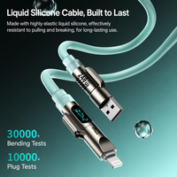 Kabel Pengisian Daya Cepat 4-in-1 Multi Fungsi USB/iOS 240W dengan Pengisi Daya dan Layar LED, Berlapis Karet Silikon Cair yang Lembut