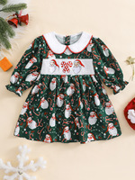 Robe de Noël pour fillettes, best-seller Guai RTS, robe de fête à manches longues avec imprimé Père Noël smocké