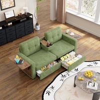 Canapé deux places rembourré vert avec porte-gobelets, tables d'appoint et tiroirs de rangement pour salon et appartement