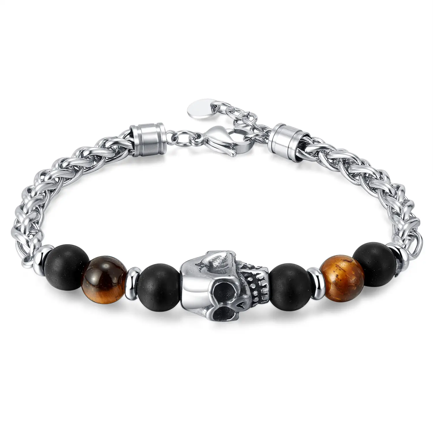 Wholesale Adjustable Mens Healding Stone Bracelet New Stainless Steel Skull Charm Natural Tiger Eye Lava Stone Beaded Bracelets