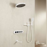 Ensemble de douche mural en laiton massif au design minimaliste moderne avec rangement intégré, installation dissimulée et contrôle thermostatique doux