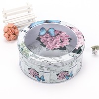 Boîte de rangement ronde en fer blanc avec fenêtre transparente en PVC, 19CM*8.7CM, impression offset 4 couleurs personnalisée pour chocolats, bonbons, bougies