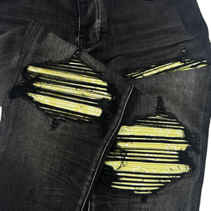 Premium Black Denim Jeans, Slim Fit, Yellow Paisley PU Lined Ripped, Heavy Washed, High Street Fashion Casual <strong>Pants</strong> for Men - Product Image 2