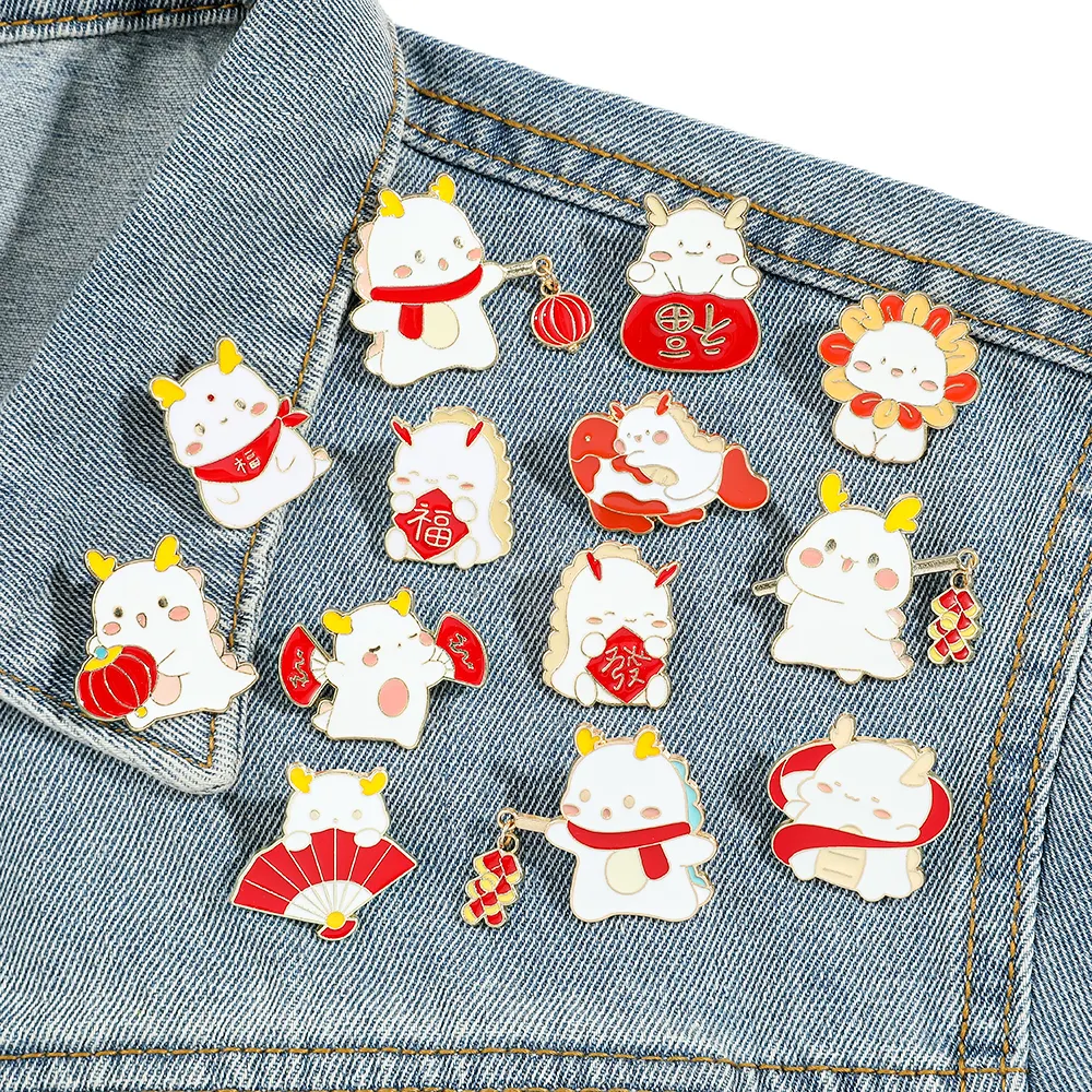 Lente Festival Pin Chinese Dragon Broche Nieuwjaar Badge Chinese Stijl Pin Lucky Loong Lantaarn Vuurwerk Borstspeld