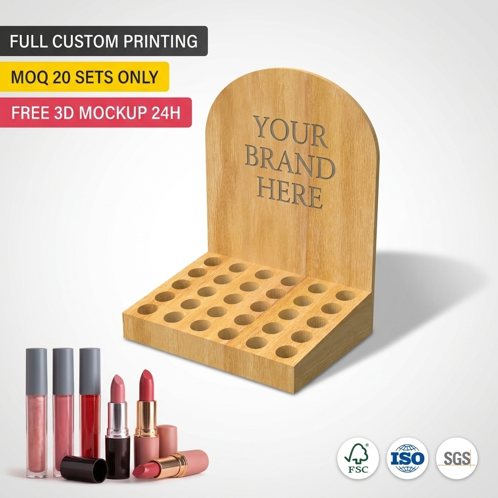 Wholesale Wooden Lipstick Display Stand Countertop Lip Gloss Cosmetic Holder Essential Oil Nail Polish Perfume Organizer Rack — view 1