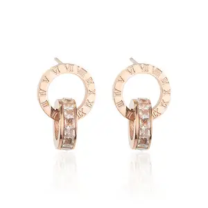 Marlary Roman Numerals Stainless Steel Rose Gold Plated Cz Inlay Design Gold Earring