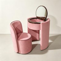 Ensemble coiffeuse moderne en velours et bois massif avec miroir rond rabattable et tabouret, idéal pour chambre d'hôtel, plusieurs couleurs disponibles