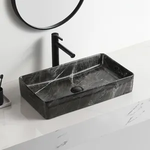 Sıcak satış seramik siyah mermer dikdörtgen tezgah lavabosu banyo katı yüzey fantezi lavabo
