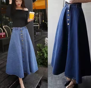 Usine en gros été meilleure vente dame mode bouton lâche a-ligne <span class=keywords><strong>jupe</strong></span> <span class=keywords><strong>longue</strong></span> fantaisie nouveau style femmes jeans jupes - Product Image 2