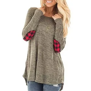 Casual solid color women's decorative Buffalo plaid elbow patch long sleeve top Women's Top Simple style long sleeve T-shirt
