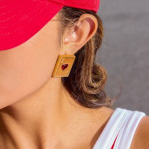 Custom <b>Gold</b> Color Lady Earring 14k 18k PVD <b>Gold</b> Plated Fashion 316L Stainless Steel Red Zircon Playing <b>Card</b> Earrings For Women - Product Image 2