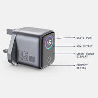 Chargeur mural GaN 45W avec affichage LED intelligent OTP/OVP, adaptateur de charge rapide USB-C, chargeur de voyage compact pour téléphones/tablettes/ordinateurs portables
