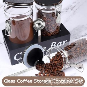 Estante de almacenamiento para barra de café, tarros de vidrio con tapa con clip, contenedor hermético para granos de café, organizador de almacenamiento de azúcar, rectangular, negro - Product Image 4