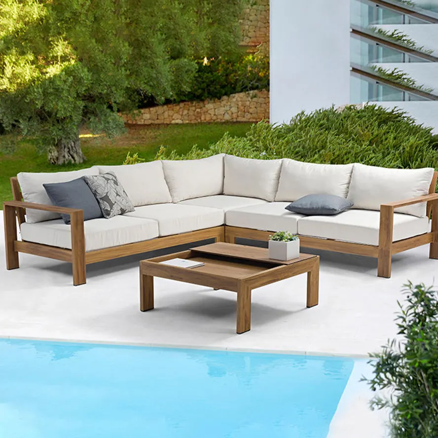 Promotion Verkauf bereit zu versenden Retro skandi navis chen Sofa Set Garten Feuer Teak Schnitt Terrasse Holz Outdoor Gartenmöbel