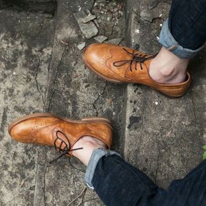 British Retro Patterned Men's <b>Shoes</b>-trendy Brogues Laces Toes Casual Leather <b>Shoes</b> <b>Height</b> <b>Increasing</b> Autumn Breathable - Product Image 1