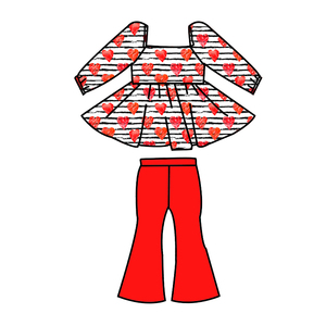 신상품 아기 소녀 달콤한 긴 소매 스퀘어 넥 셔츠 플레어 바지 발렌타인 프린트 투피스 세트 의류 키즈 - Product Image 3