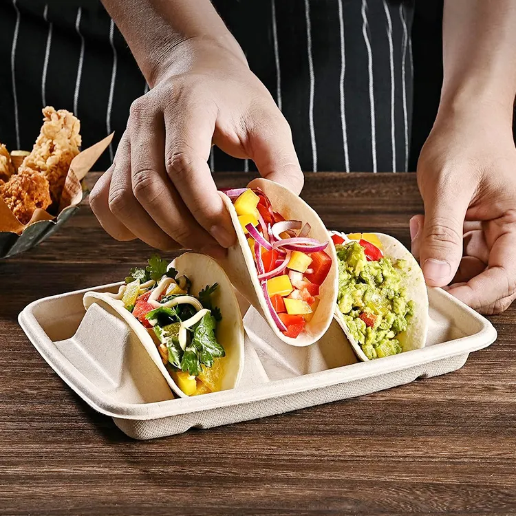 Bagasse kotak Taco 3 kompartemen Biodegradable sekali pakai wadah Taco tebu Taco cangkang Clamshell UNTUK RESTORAN