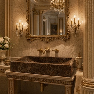 Lavabo Rectangular de Pared para Baño, Mármol Emperador Oscuro Pulido, Diseño Contemporáneo - Product Image 6