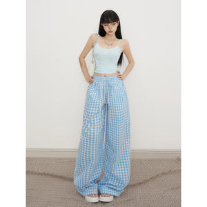Retro Women's Pants High Waist Loose Blue Plaid <b>Summer</b> Wide Leg Versatile Elastic Waist Drawstring Casual <b>Trousers</b> Thin - Product Image 4
