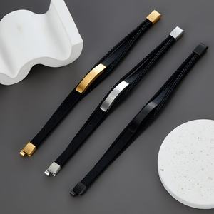 Wholesale New Fashion Custom Logo <b>Stainless</b> <b>Steel</b> Leather Bracelet Gold Plated Braided Style - Product Image 4