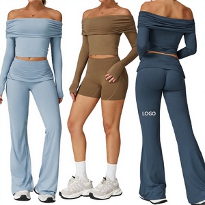 Wholesale off Shoulder Women's Yoga Set Plaid Pattern Shorts Outdoor Fitness Comfortable Breathable High Quality Long Sleeve - Product Image 3