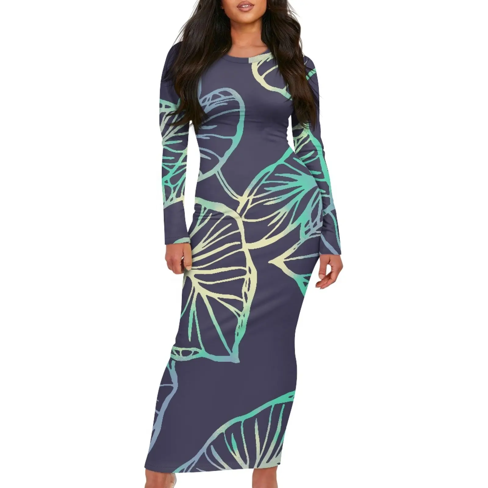 하와이 부족 디자인 여성 폴리네시아 대형 여성 맥시 드레스 패션 숙녀 긴 소매 클럽 드레스 여성