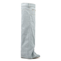 Fabricant personnalisé mode dames cuisse haute requin bottes Logo personnalisé Denim bleu fermeture éclair latérale talon compensé femmes sur le genou Long Boo