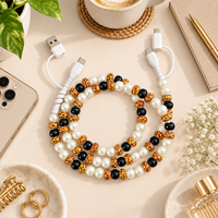 Kabel Pengisi Daya Ponsel 4 in 1 Motif Leopard Berhias Mutiara Hitam USB Type C Multi Charging Cable Kabel Transfer Data