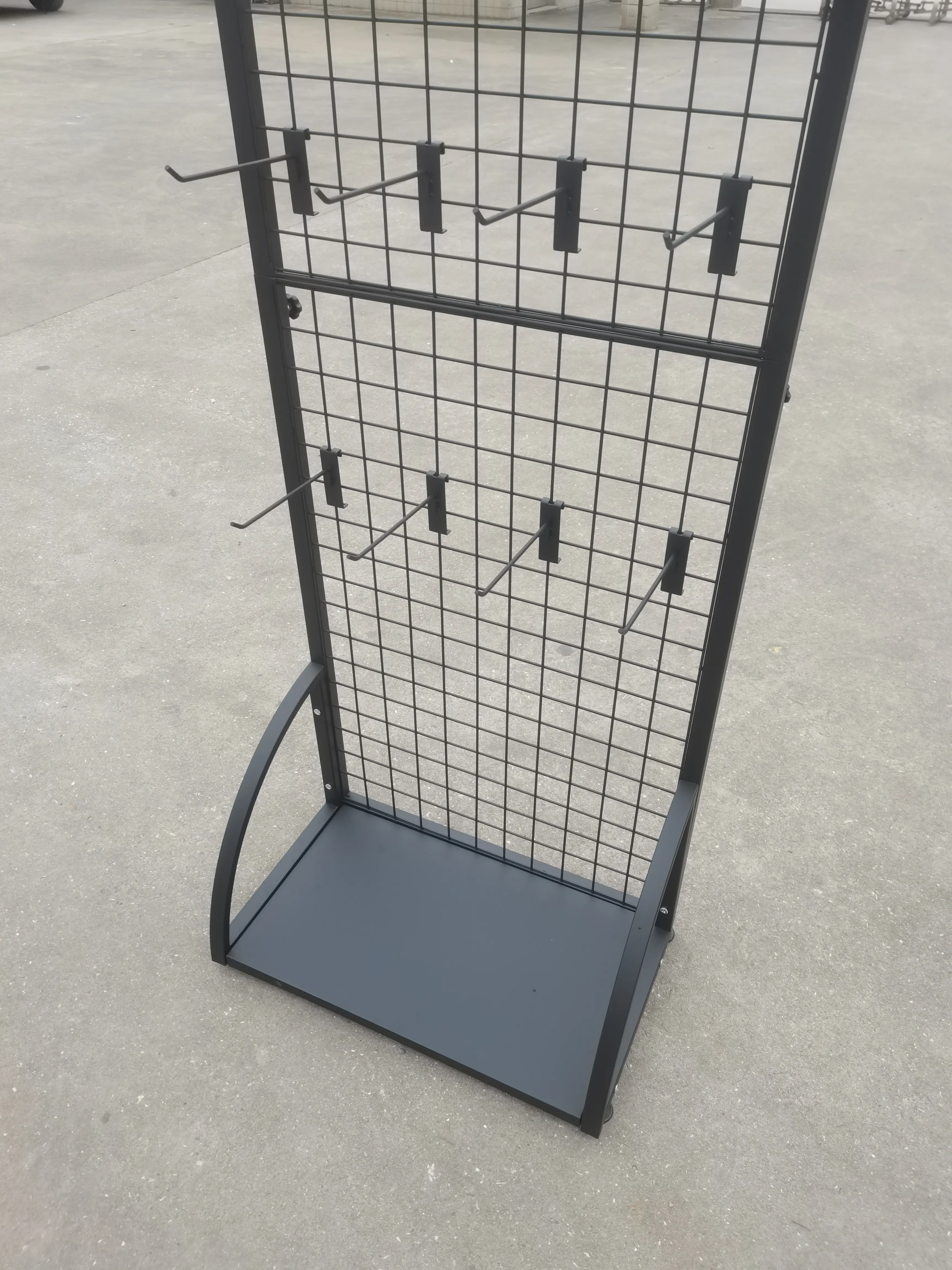 retail shop store custom wire mesh metal grid panel hook hanging merchandise floor products display stand rack