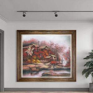 Tranh vẽ phong cảnh làng quê Trung Quốc thủ công nguyên bản trên vải bố, tranh nghệ thuật treo tường trang trí nhà cửa, tác phẩm nghệ thuật phong cảnh, chất liệu cinnabar - Product Image 4