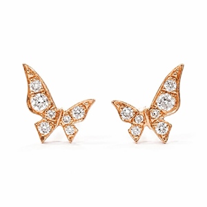 Delicate Romantic Butterfly Fine Stud Earring Solid Eighteen Karat <b>Rose</b> Gold Inlaid Round Natural Diamonds Two Stones On <b>Top</b> - Product Image 3