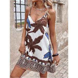 เดรสสั้นพิมพ์ลายโบโฮสำหรับผู้หญิง คอวี สายเดี่ยว ทรงหลวมพลิ้วใส่สบาย เหมาะสำหรับวันหยุดพักผ่อนช่วงฤดูร้อน - Product Image 2