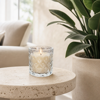 Vase à bougie décoratif en verre transparent avec motif en relief pour la décoration de table, les mariages et les applications hôtelières