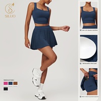 Pakaian Olahraga Wanita Bahan Bernapas Elastis 4 Arah Cepat Kering Set Gaun Tenis Golf Kerah Kotak Atasan Bra Berlipit Saku Sport