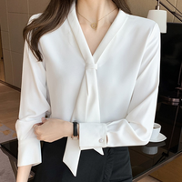 Chemisier en Chiffon à Manches Longues pour Femme, Blouse Tendance 2026 avec Nœud et Col en V, Hauts de Bureau Élégants pour Femme 8306 #