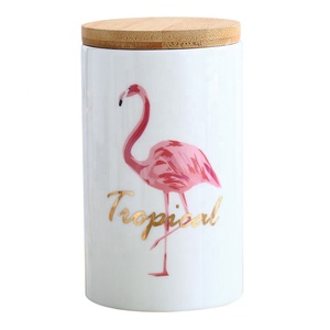Pot de rangement en céramique flamant rose Creative Line bouteille de stockage d'aliments pour animaux avec couvercle en bois boîte à thé scellée de cuisine - Product Image 1