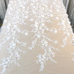 Gaun bordir Motif bunga 3D, gaun malam pengantin putih bordir payet berat bahan kain bordir Motif bunga 3D