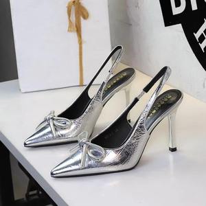 Escarpins à bout pointu pour femmes, avec nœud décoratif, talon moyen, antidérapants, talons fins, dessus en PU, à enfiler, sandales de soirée formelles - Product Image 4