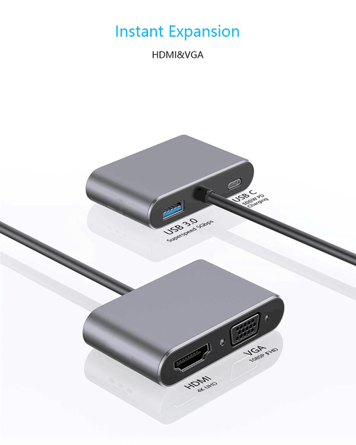 Forida Dual Monitors 4 in 1 Type-C Hub Multiports Adapter, Type-c to USB-A 3.0 HDMI VGA with Charging for Type-c Devices