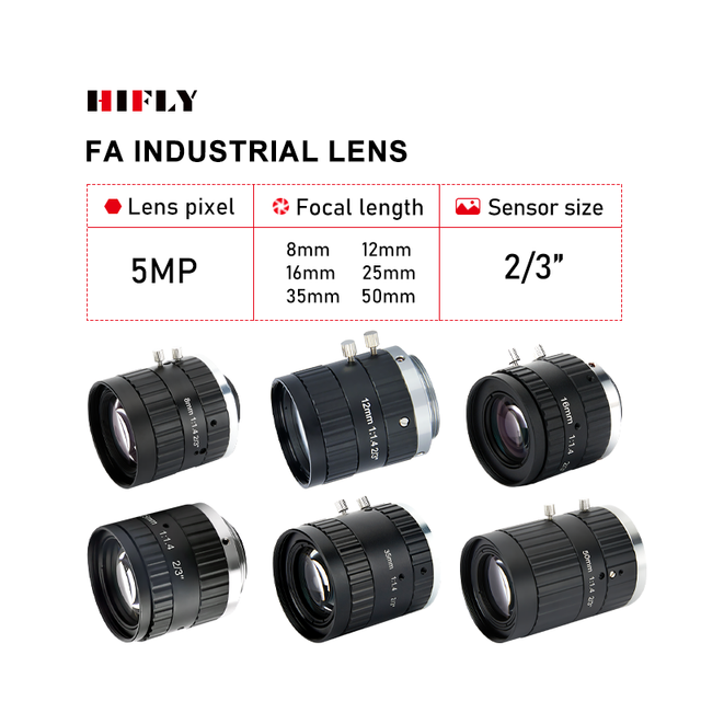 Low Distortion 2/3" F1.4-16  8 12 16 25 35 50mm Fixed Focus 5MP C-Mount Machine Vision FA Lens
