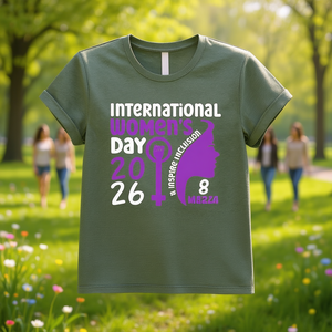T-shirt per la Giornata Internazionale della Donna 2026 da donna, stampa viola, casual, girocollo, manica corta, 100% cotone jersey, vestibilità aderente - Product Image 2