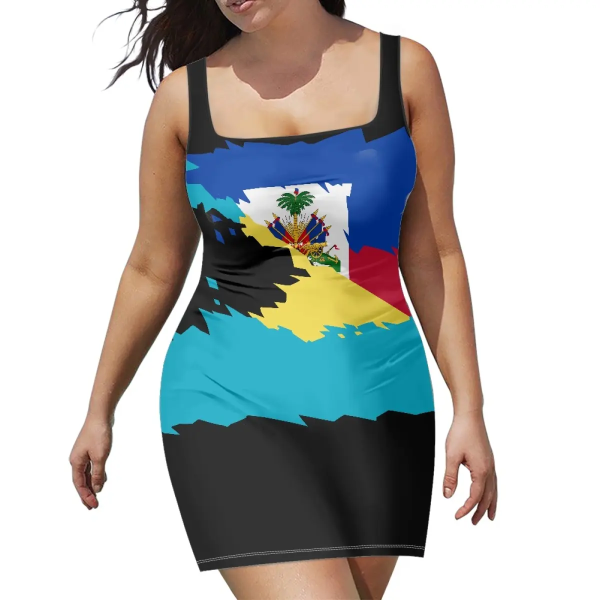 Vestido sem mangas para mulheres com bandeira das Bahamas e Haiti, minivestido curto sexy com linha A e preço razoável, com padrão de amor